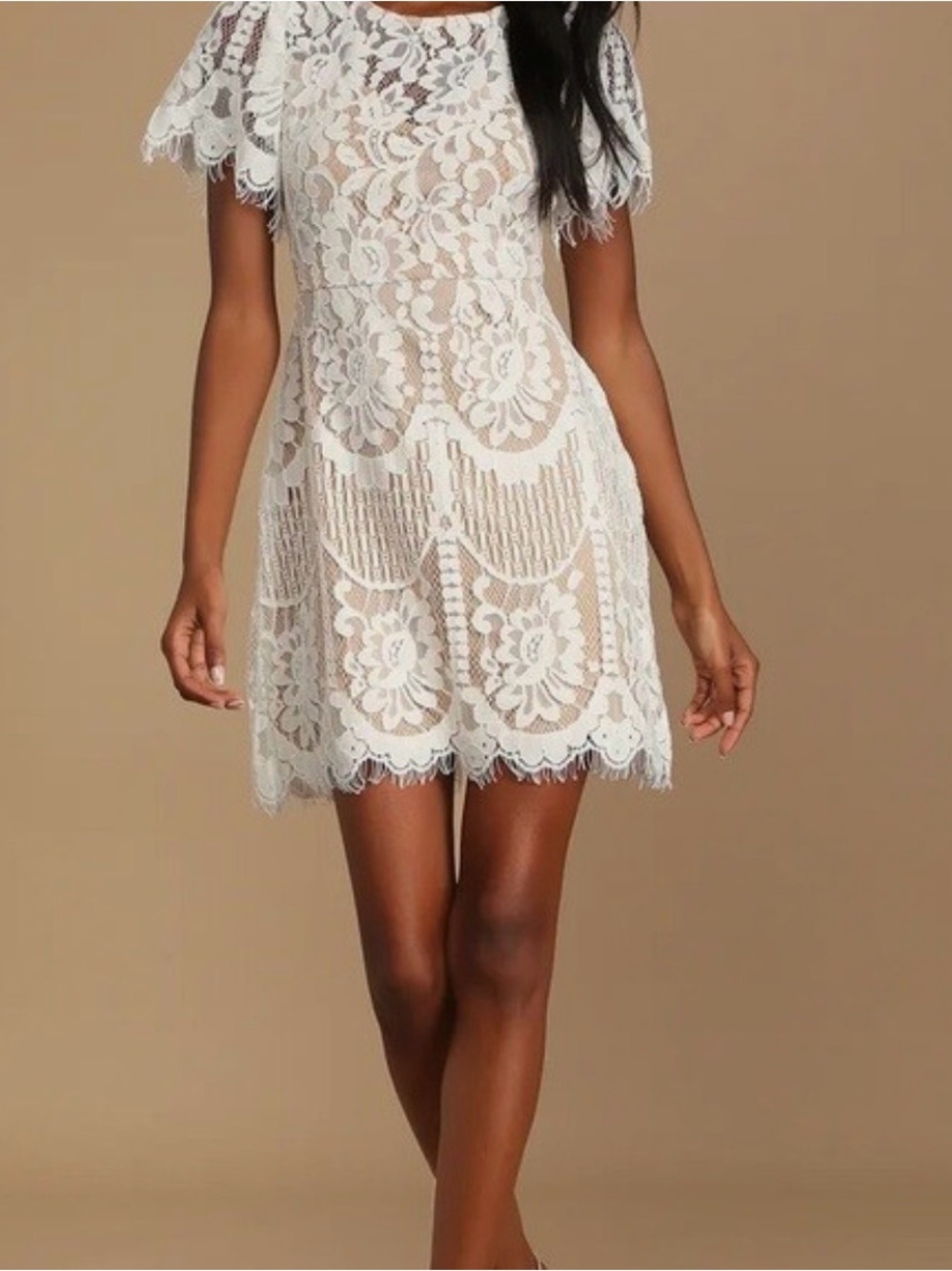 Lulus Pearson White Cream Lace Mini Dress Short Sleeve Nude Lining Wedding - Picture 2 of 16